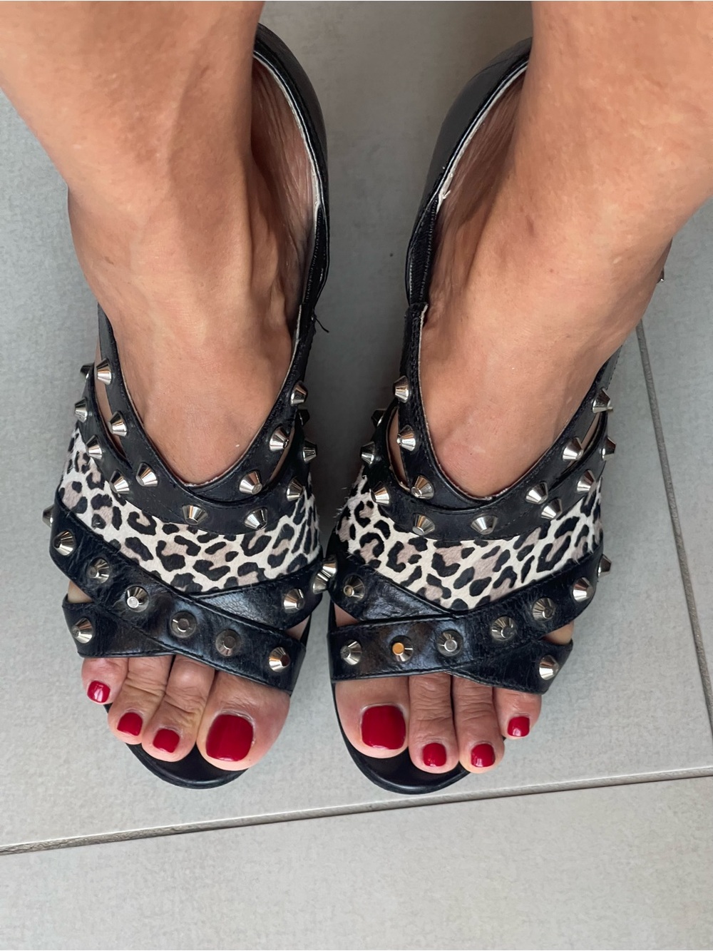 Michael Kors Black Leather Sandals with Leopard Accent and Silver Studs